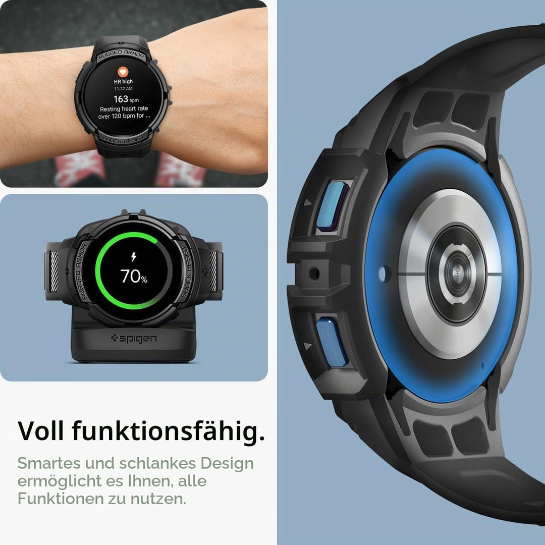 Spigen Rugged Armor Pro Hülle mit Armband Kompatibel mit Samsung Galaxy Watch 6 44mm 2023 - Schwarz