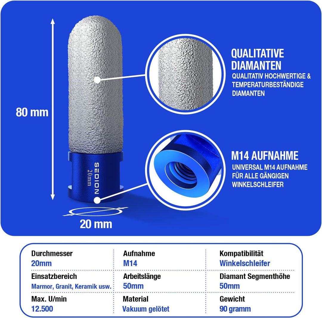 SEDION® Diamantfräser 20mm x M14 Premium - Exzellentes Bohren &amp; Fräsen von harten Fliesen - Fingerfr