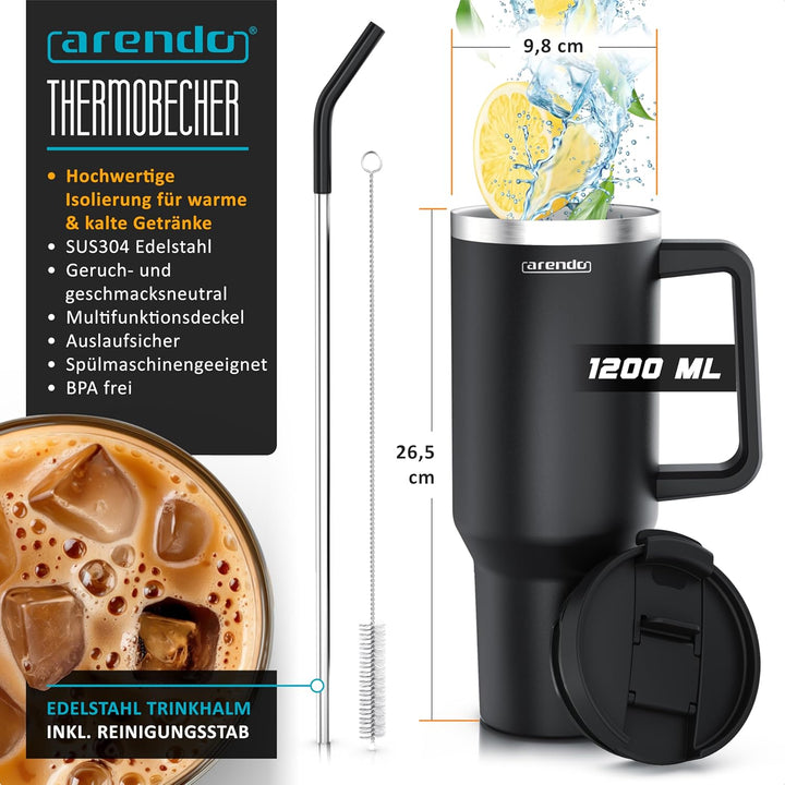 Arendo – Trinkflasche Thermobecher Doppelwandig - 1200 ml – Vakuumgehäuse Edelstahl - Kaffeebecher A