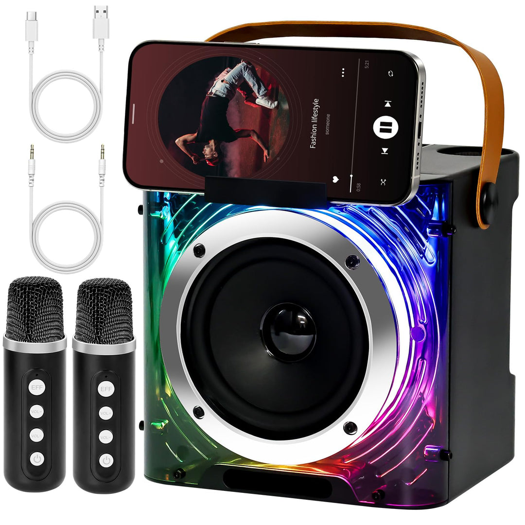Karaoke Maschine mit 2 Mikrofone, Lautsprecher Box mit Lichteffekte, Tragbaren 5.3 Bluetooth Lautspr
