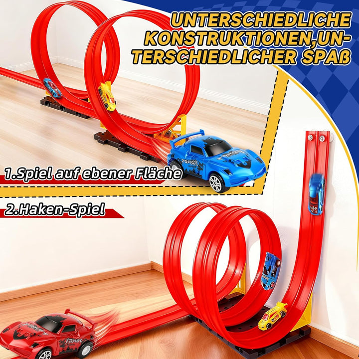 Flexible Rennbahn Kinder 5M, Autorennbahn für Kinder mit 4 Autos, Aufbewahrungstasche, Katapult, Ren
