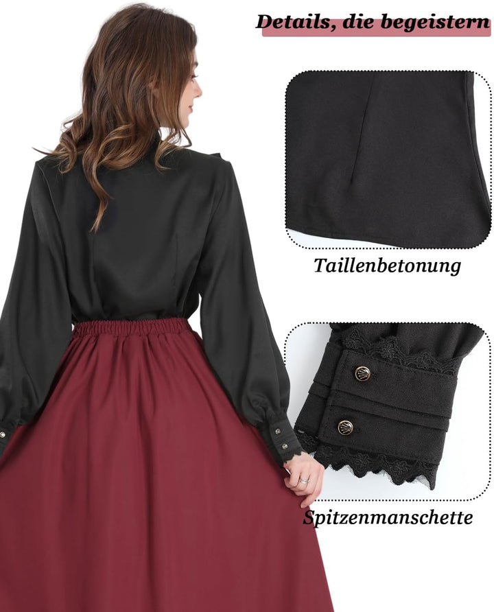 Fiamll Damen Viktorianisch Bluse Vintage Schleifenhemd Stehkragen mit Rüschen Langarmshirt Mittelalt
