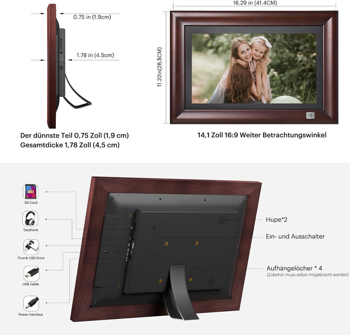KODAK 14.1 Zoll WLAN Digitaler Bilderrahmen，1920x1080 Full HD IPS Touchscreen Smart Fotorahmen Cloud