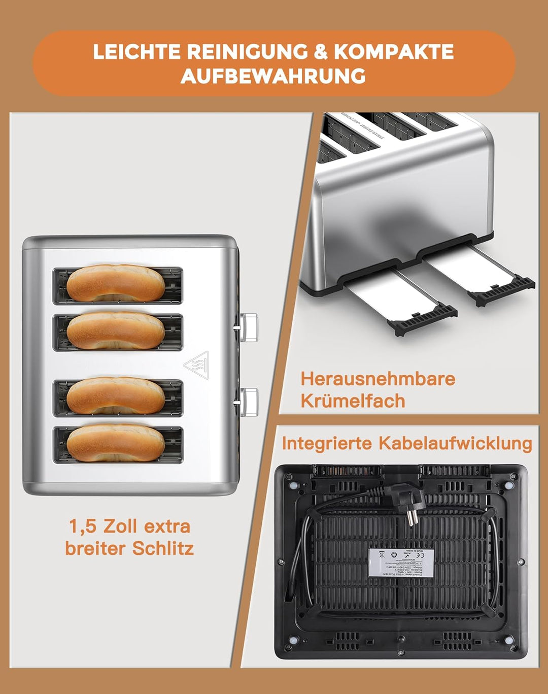Toaster 4 Scheiben, LED-Touchscreen, Edelstahl Langschlitztoaster, 6 Bräunungsstufen, 6 Brotprogramm