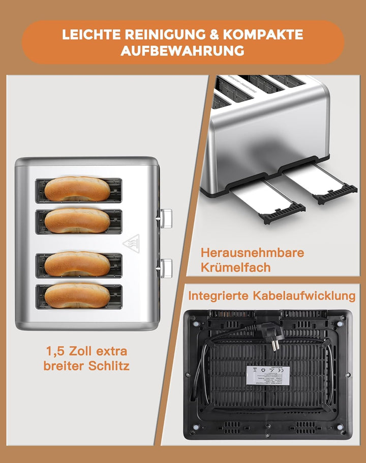 Toaster 4 Scheiben, LED-Touchscreen, Edelstahl Langschlitztoaster, 6 Bräunungsstufen, 6 Brotprogramm