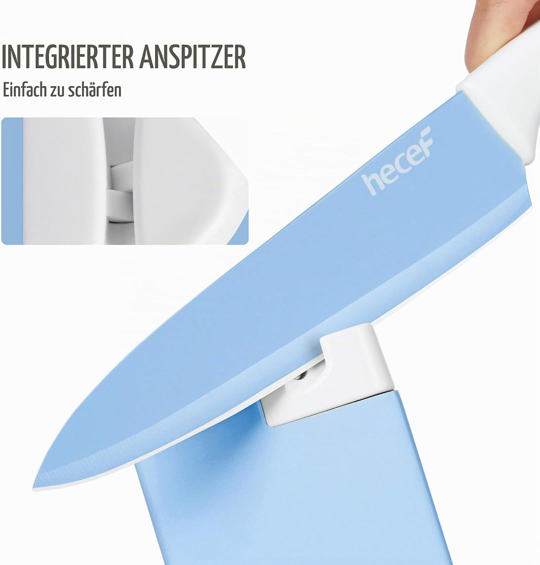 hecef 14-teilig Messerblock mit Messer, Blau, Antihaft-Beschichtung – Spülmaschinenfest, Messerblock