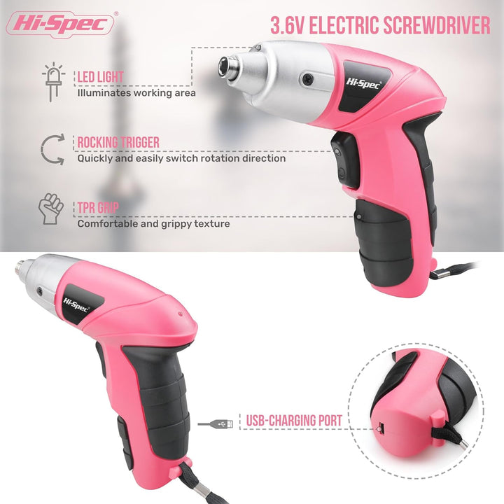 Hi-Spec Akkubohrer Set in Pink – Kompakter Mini Akkuschrauber mit leistungsstarkem 3.6-V-Akku, LED-L