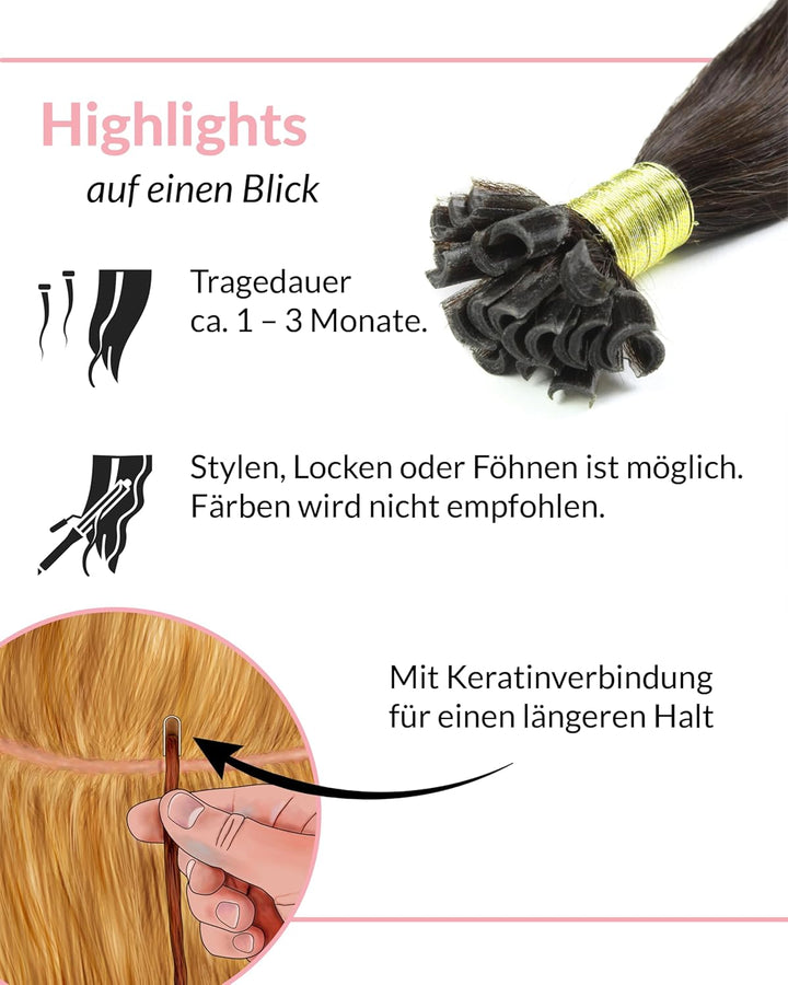 hair2heart Extensions Echthaar Bondings Glatt - 100 Strähnen 0.5g 60cm Dunkelbraun 