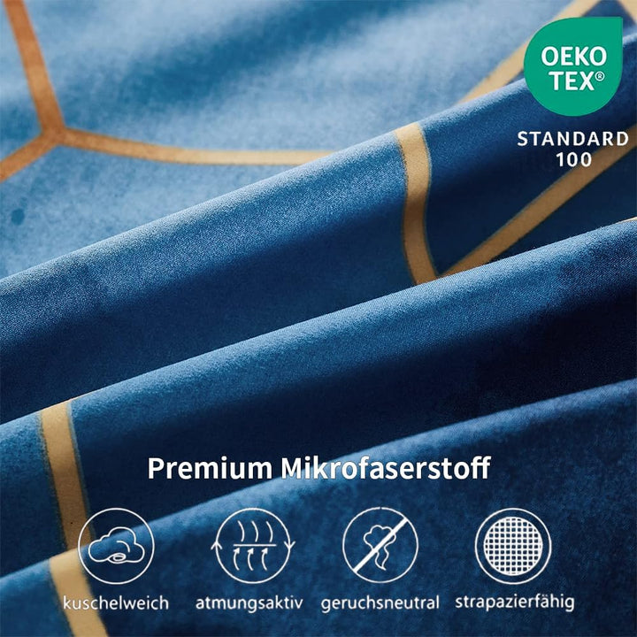 Freyamy Bettwäsche 220x240 cm 3 Teilig Blau Kariert Marmor Wendebettwäsche Geometrische Modern Micro