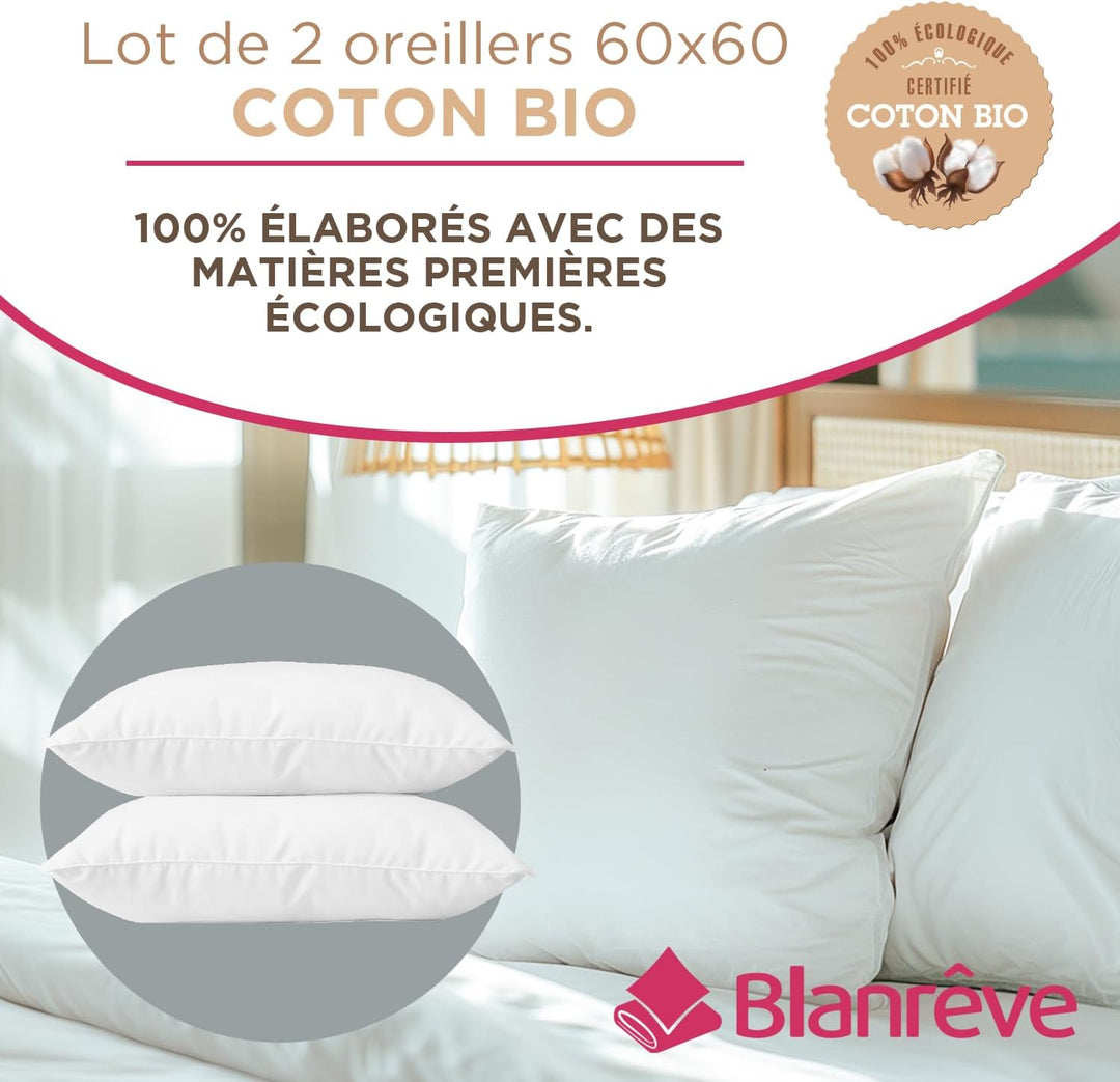 blanrêve - 2 Kissen Bio-Baumwolle – ästhetisch – Fester Komfort – 60 x 60 cm