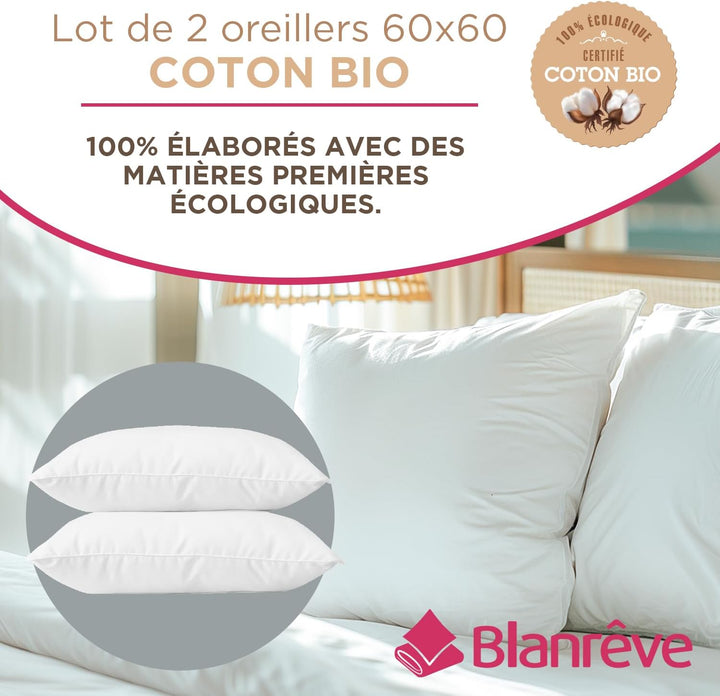 blanrêve - 2 Kissen Bio-Baumwolle – ästhetisch – Fester Komfort – 60 x 60 cm