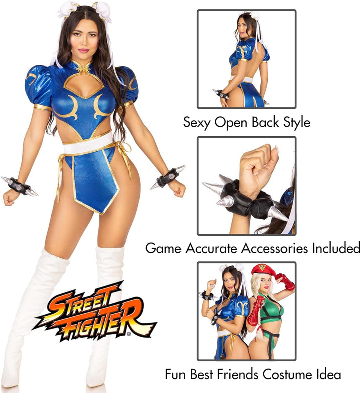 LEG AVENUE Women’s 4 PC Street Fighter Battle Chun Li Costume with Bun Covers XS, XS