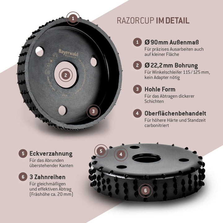 Bayerwald RazorCup - Raspelscheibe - Ø 90 mm x 22,2 mm | schnelles, seitliches Abschleifen von Holz