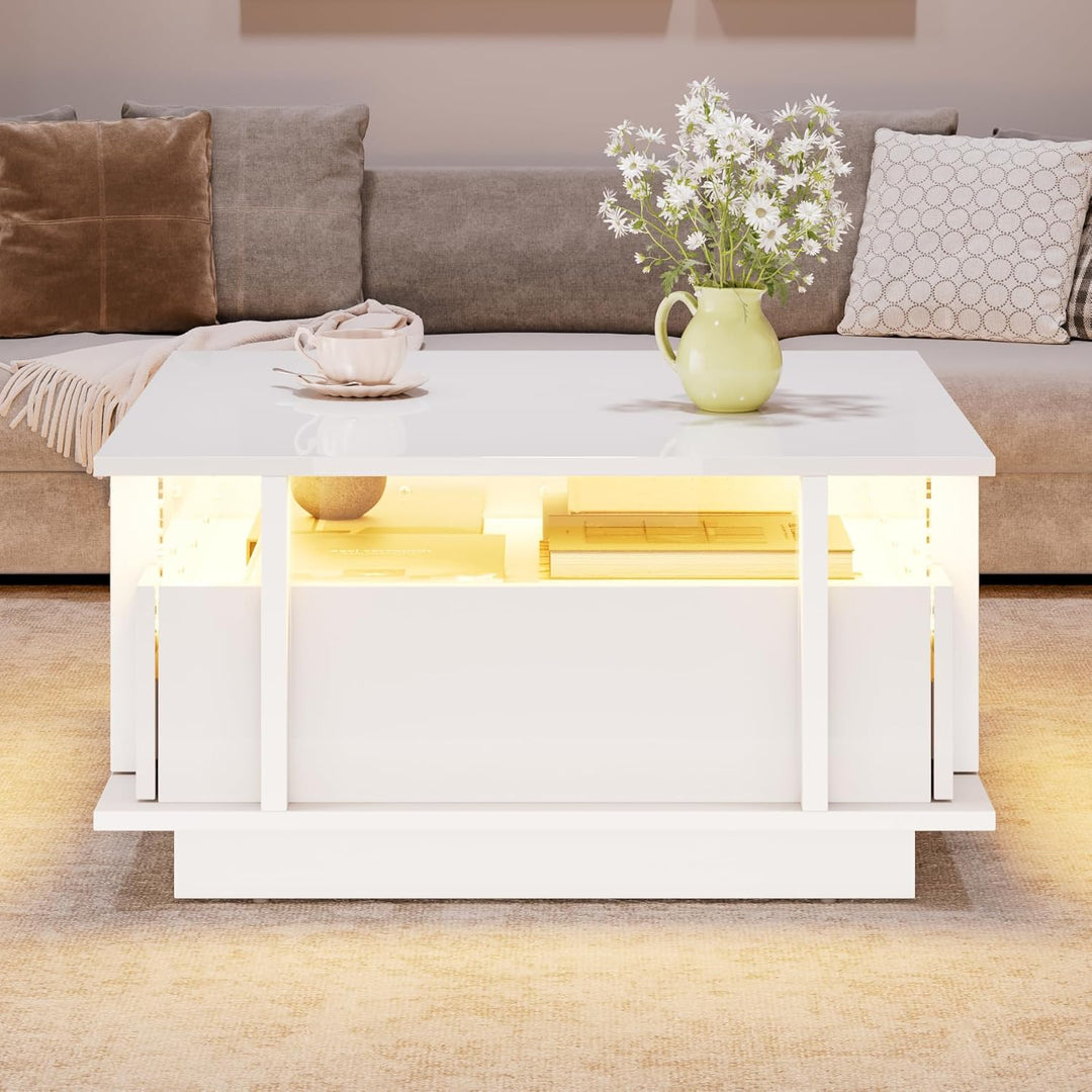okwish Couchtisch Hochglanz,Sofatisch mit Zwei Schubladen und LED-Beleuchtung,Wohnzimmertisch,Quadra