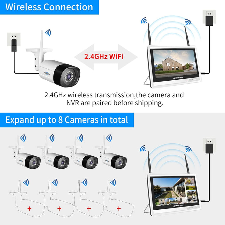 【5MP+3TB Festplatte】 Hiseeu Überwachungskamera Set Aussen WLAN mit 12''Monitor 10CH Wireless NVR,4 P
