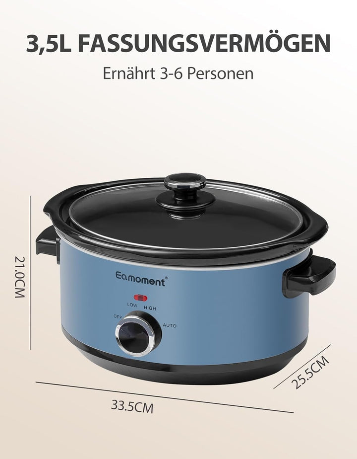 Slow Cooker, 3,5 Liter Edelstahl Schongarer mit Keramiktopf, Einstellbare Temperatur, Spülmaschinenf