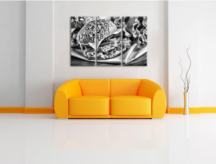 Pixxprint Monocrome, Köstlicher Hamburger 3-Teiler Leinwandbild 120x80 Bild auf Leinwand