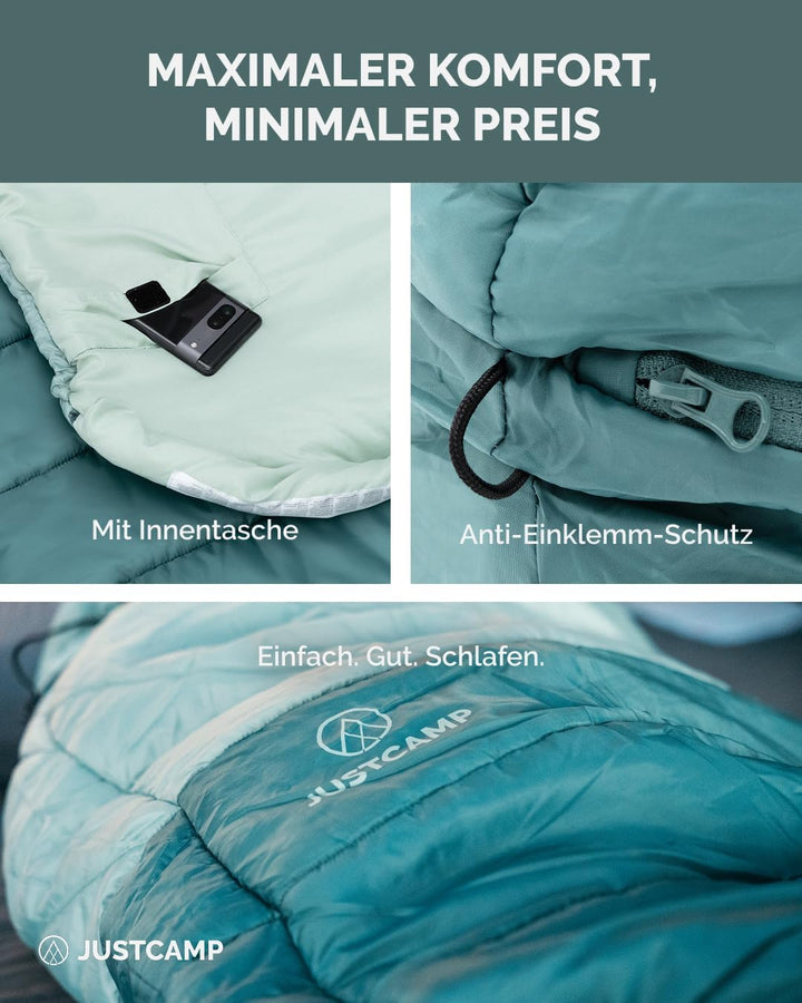 Justcamp Melvin Light Schlafsack - Erwachsene/Kinder (bis 200cm) - 3 Jahreszeiten (9-25 °C) - Sommer