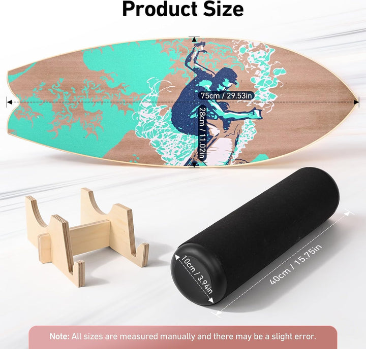 Balance Board mit Korkrolle 33cm, 75x28cm Surfboard Trainer aus Holz, Gleichgewichtsboard mit Stoppe