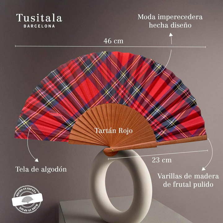 Spanischer Handfächer Tartán Rojo–Holz und Baumwolle–23 cm–Etui und Hülle aus Jute–Modeaccessoire–Ha