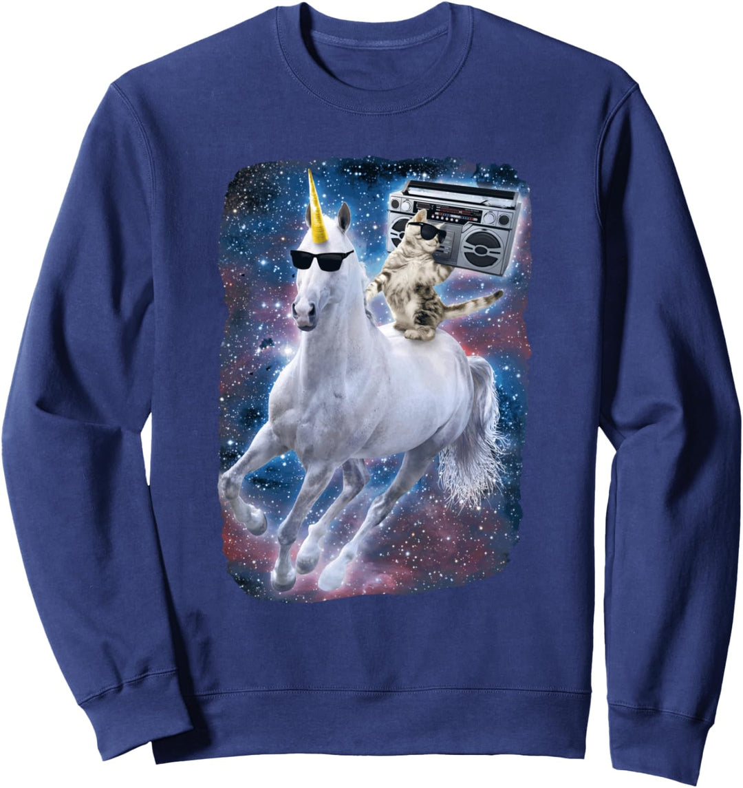 Boombox Cat Riding Space Unicorn Galaxy Sweatshirt