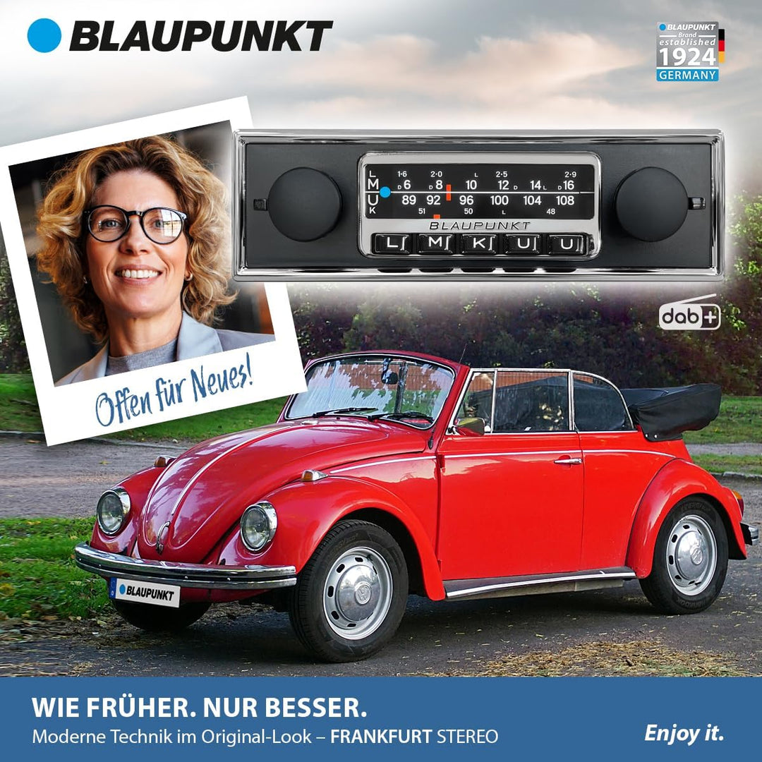 Blaupunkt Frankfurt Stereo, 1-DIN Autoradio, Oldtimer-Design mit schwarzer Metallfront und Chromrahm