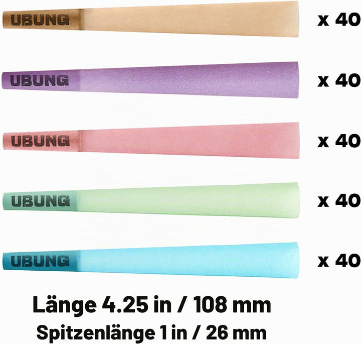 UBUNG Rainbow Cones | 200 King Size Konisch vorgedrehte Hülsen (5 Farben) Einschliesslich 1 Trichte