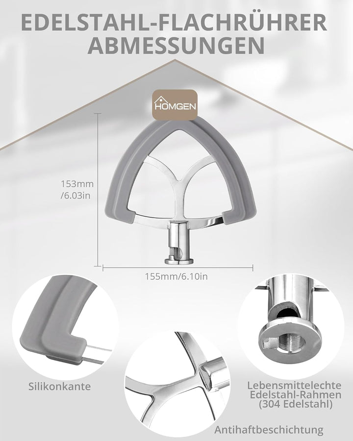 HOMGEN Flachrührer-Aufsatz aus Edelstahl für KitchenAid 4,5-5 Quart Kitchenaid Standmixer mit kippba