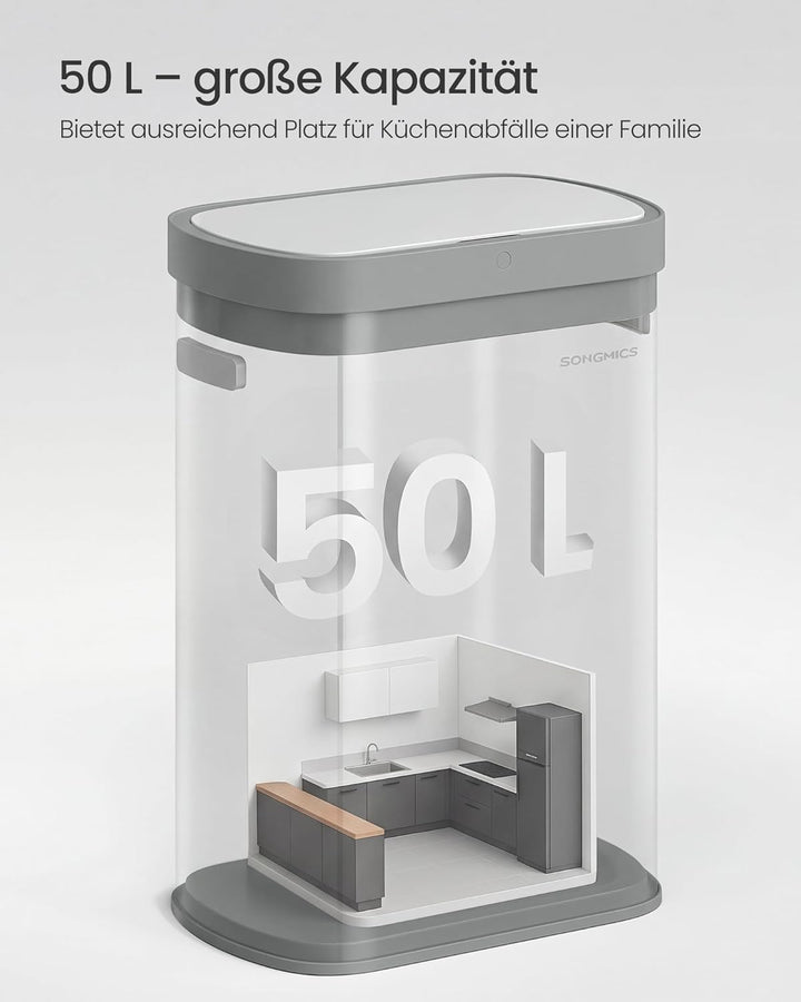 SONGMICS Mülleimer mit Sensor, automatischer Abfalleimer 50 L, Öffnen per Handbewegung oder Berühren