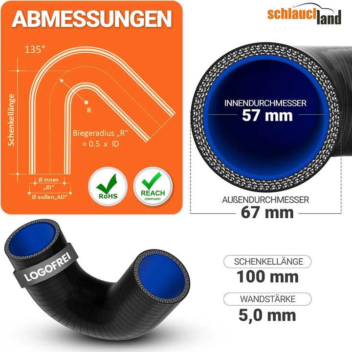 2 Stück | Silikonbogen 135° Grad ID-Ø 57mm blau 200°C | VIELE GRÖSSEN &amp; FARBEN | Silikon-Schlauch La