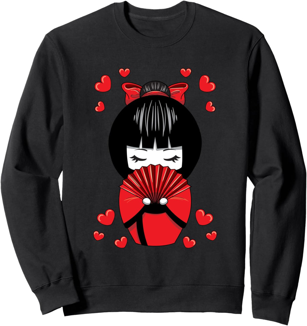 Kawaii Kokeshi Geisha Puppe mit Herzen Valentinstag Sweatshirt
