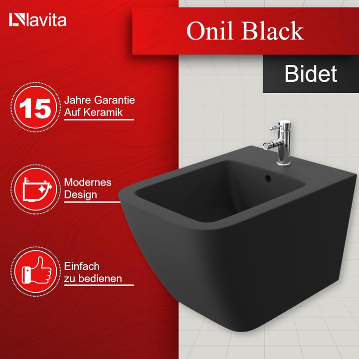 LAVITA Universal Wand-Bidet Onil Black mit Hahnloch und Überlaufschutz aus Keramik Sitzwaschbecken z