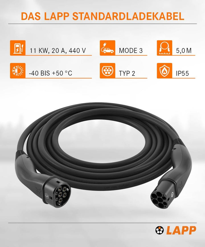Lapp Mobility Typ 2 Ladekabel 11 KW/Glatt / 20 A / 3-Phasig/E-Auto Ladekabel/Mode 3 / 5m 5 Meter Sch