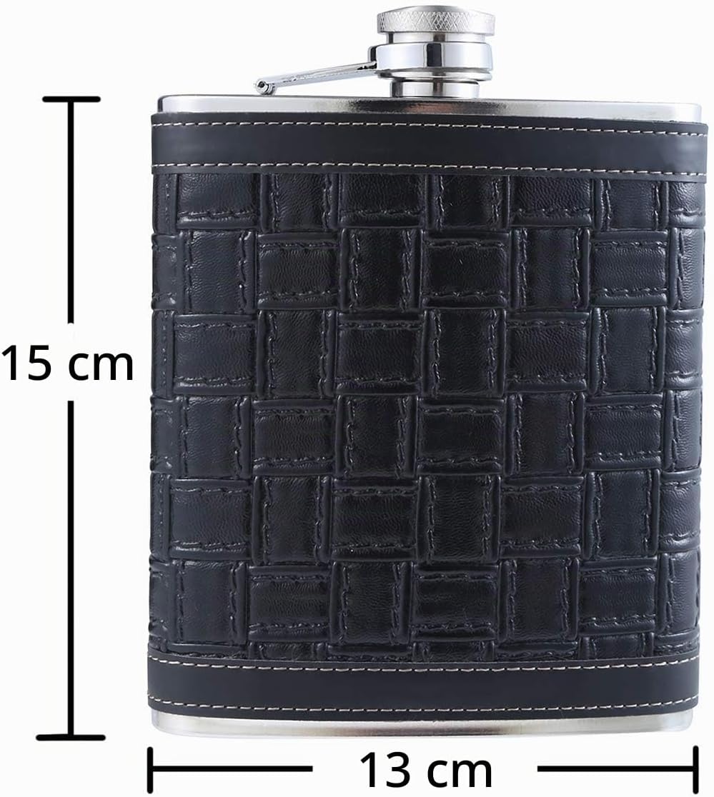 TANEAXON Flachmann mit Lederumwicklung, Grosse Kapazität, quadratisch, 510 ml, Schwarz | Edelstahl,