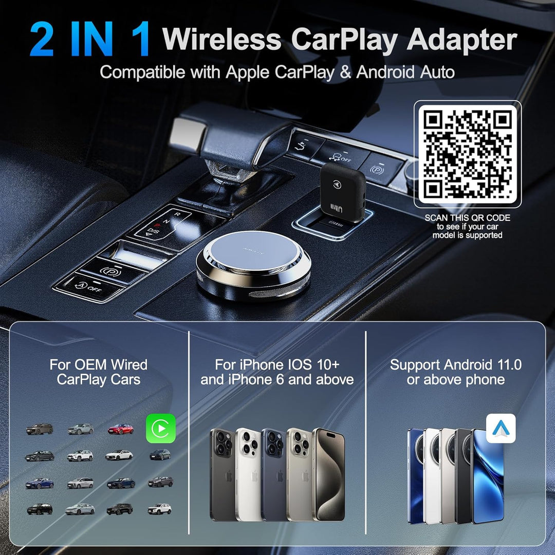 Wireless CarPlay Adapter 2-in-1, 2025 Aufgerüstet Wired zu Wireless für CarPlay/Android Auto, Mini-D