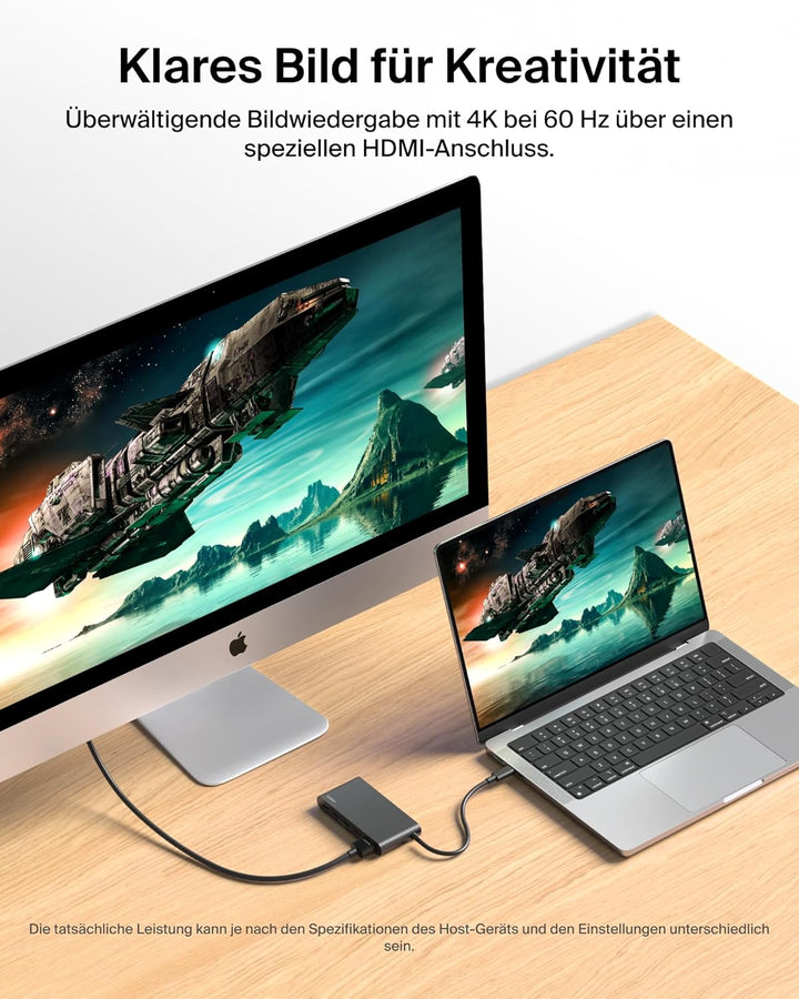 Belkin USB Hub, 5 in 1 USB C Adapter mit HDMI Anschluss, 4K 60Hz, 100W Power Delivery, Schneller Dat
