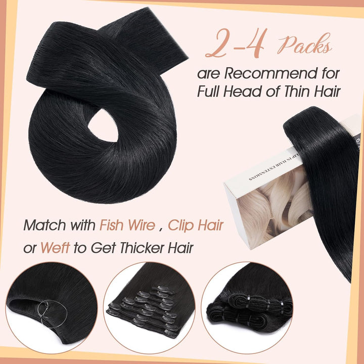 S-noilite Clip In Extensions Echthaar Schwarz Real human hair 1 pieces 5 clips Haarverlängerungen au