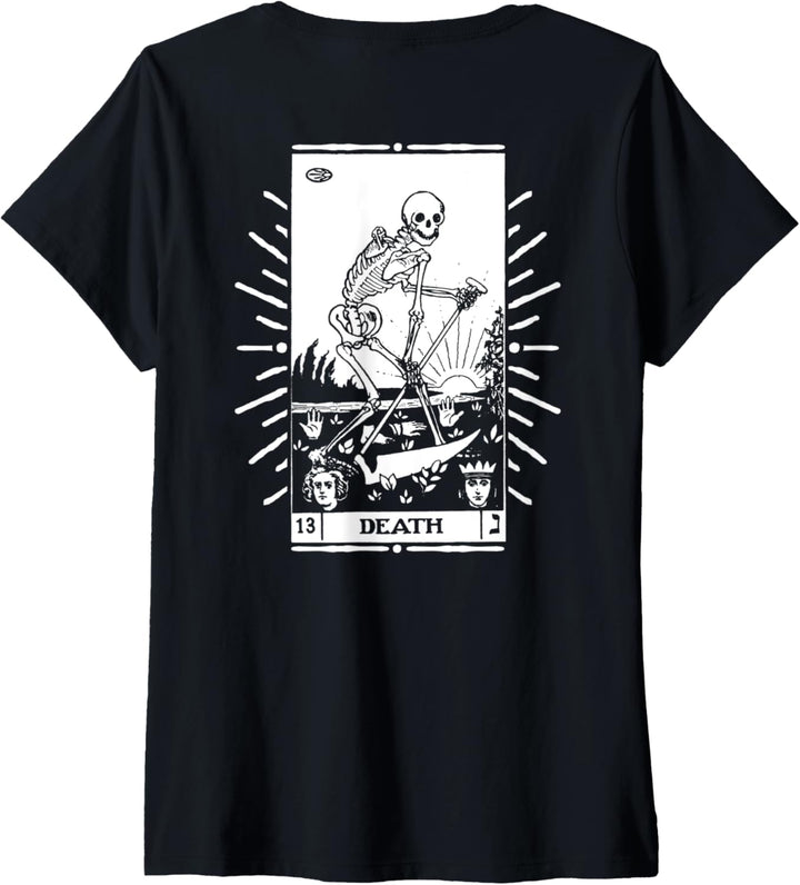 Damen Tarotkarte Gothic Halloween Occult Tarot Todeskarte T-Shirt mit V-Ausschnitt