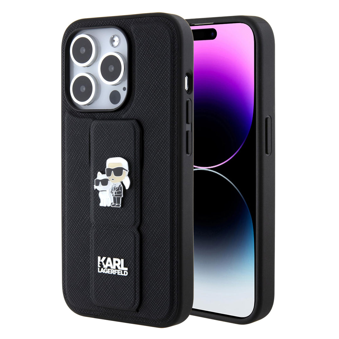 CG Movie Karl Lagerfeld Saffiano-Leder-Schutzhülle für iPhone 15 Pro, Schwarz, Schwarz