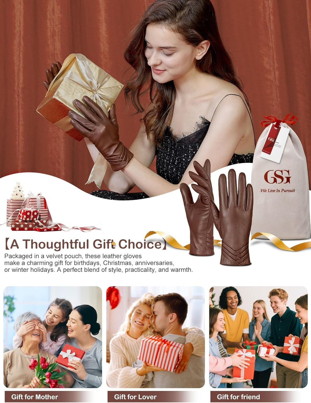 GSG SINCE 1998 Echtes Lammfell Lederhandschuhe für Damen Warm Gefütterte Touchscreen Winterhandschuh