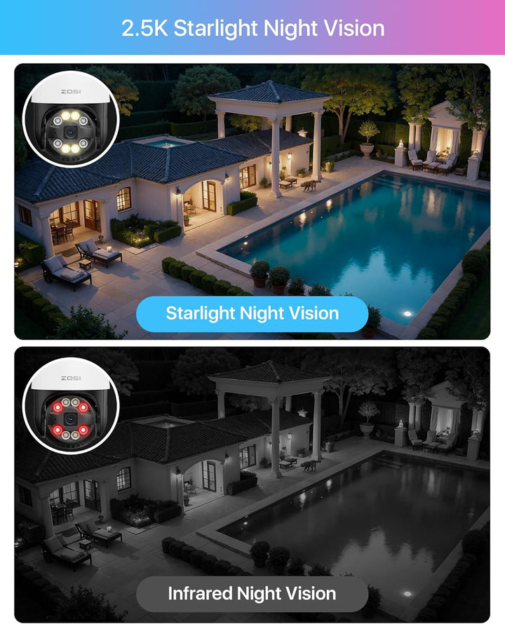 ZOSI 2K Pan/Tilt Überwachungskamera Aussen WLAN, 355°/140° Schwenkbar 3MP IP Kamera mit Plug-in Stro