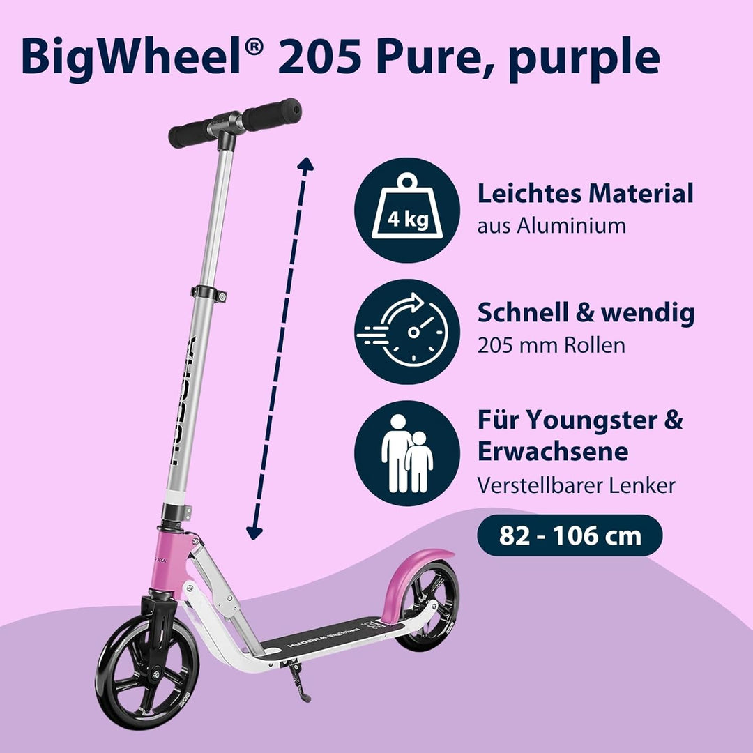HUDORA BigWheel Pure Scooter - Stabiler Aluminium-Roller mit Ständer - Höhenverstellbarer &amp; zusammen