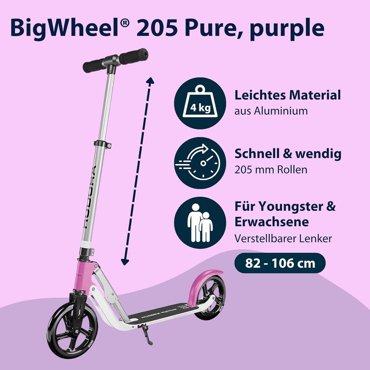 HUDORA BigWheel Pure Scooter - Stabiler Aluminium-Roller mit Ständer - Höhenverstellbarer &amp; zusammen