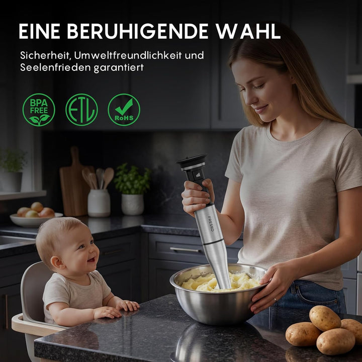 FRESKO Stabmixer 1000W mit Zubehör Set, Pürierstab Edelstahl inkl. Schneebesen, 500ml Zerkleinerer,