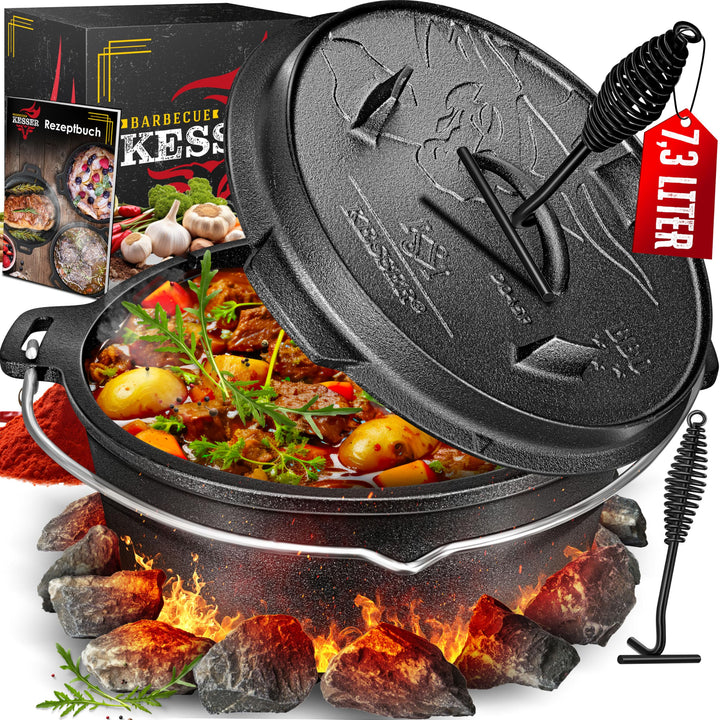 KESSER® Dutch Oven Set BBQ 7,3 Liter, Feuertopf Schmortopf mit Füssen, Gusseisen Topf mit Deckelhebe