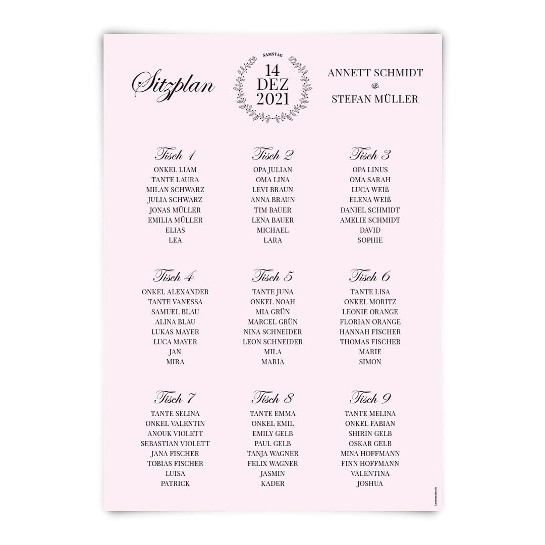 Hochzeit Sitzplan Plakat individuell selbst gestalten DIN A3 Sitzordnung - Rosa Chic 1, 1