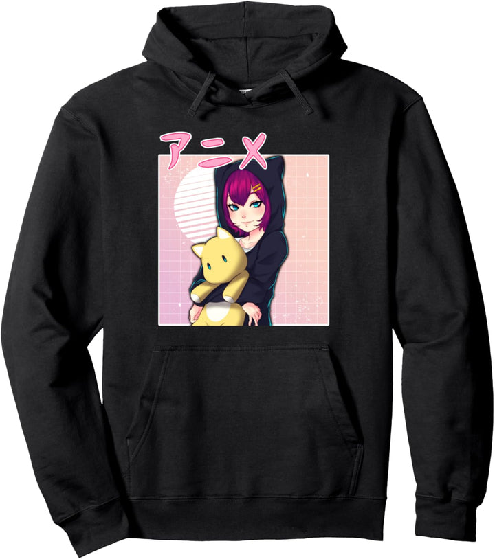 Anime Girl Retro Japanese Vaporwave Aesthetic Pink Pullover Hoodie