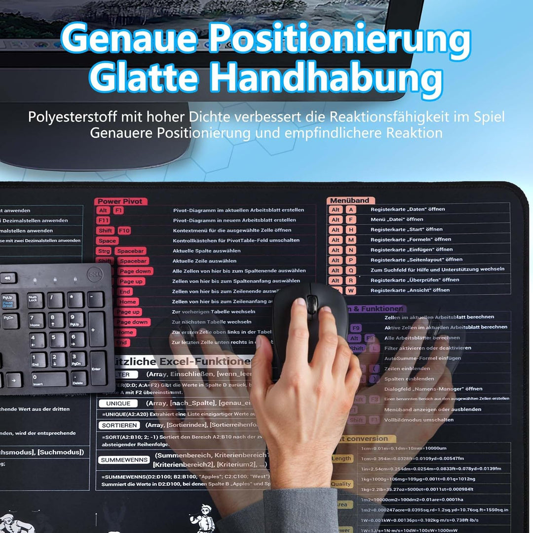 DAWNTREES Excel Mauspad Deutsch,Tastenkombinationen,100x50cm,Gross Gaming Mouse Pad XXL, Schreibtisc