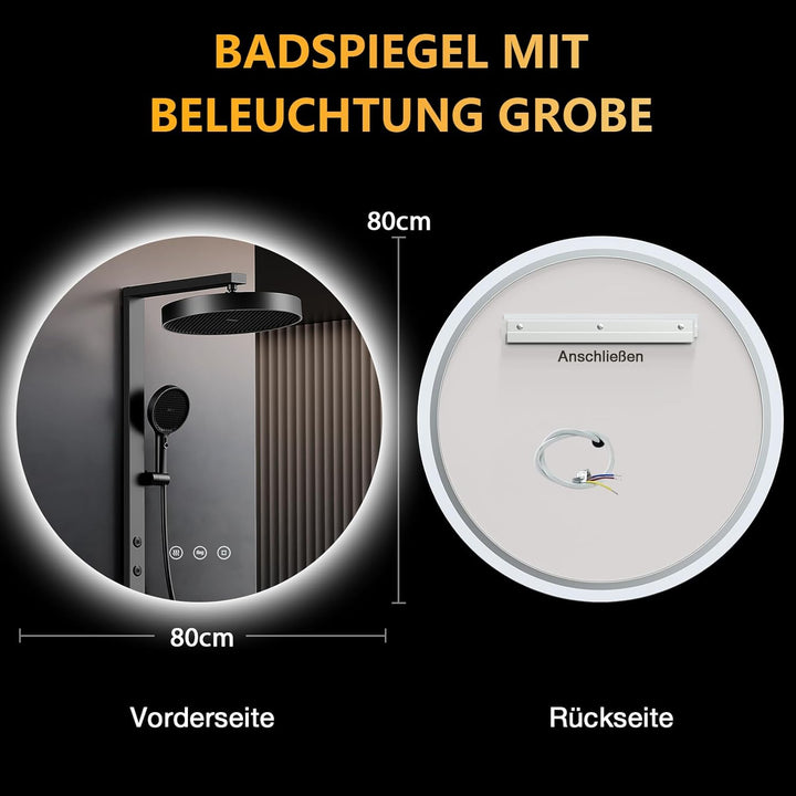 PESENXAN Badspiegel mit Beleuchtung 80cm, LED Bad Spiegel mit Licht, Antibeschlag, 3 Lichtfarben, Di