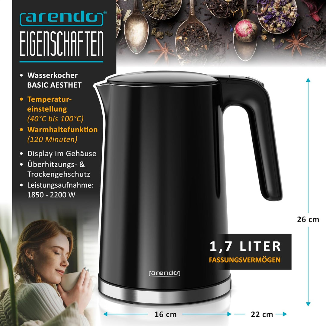 Arendo - digitaler Wasserkocher mit Temperatureinstellung - Edelstahl - Doppelwand Design Cool Touch